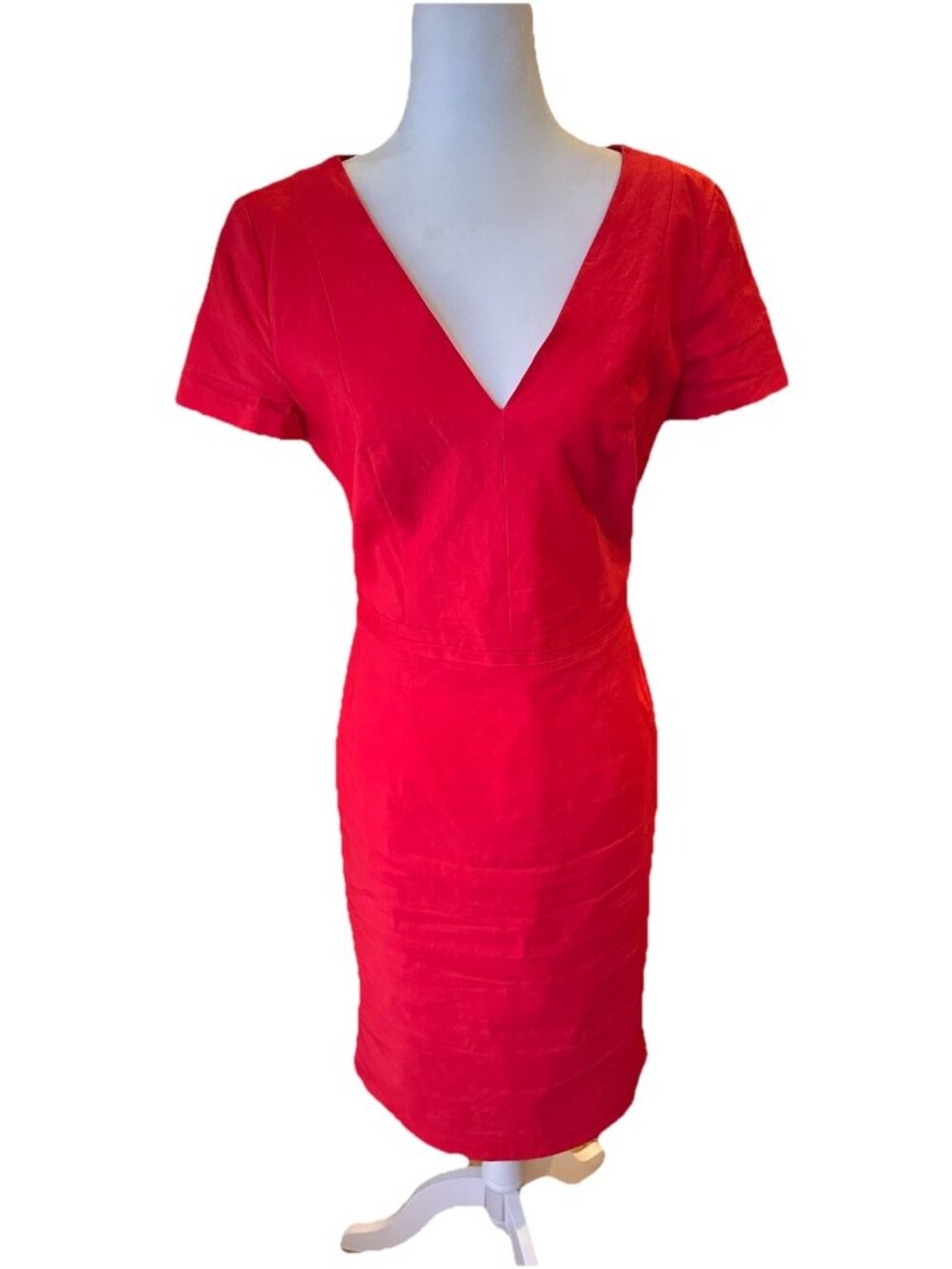 DKNY Size 10 A-Line Red Dress Cap Sleeve Midi V Neck
